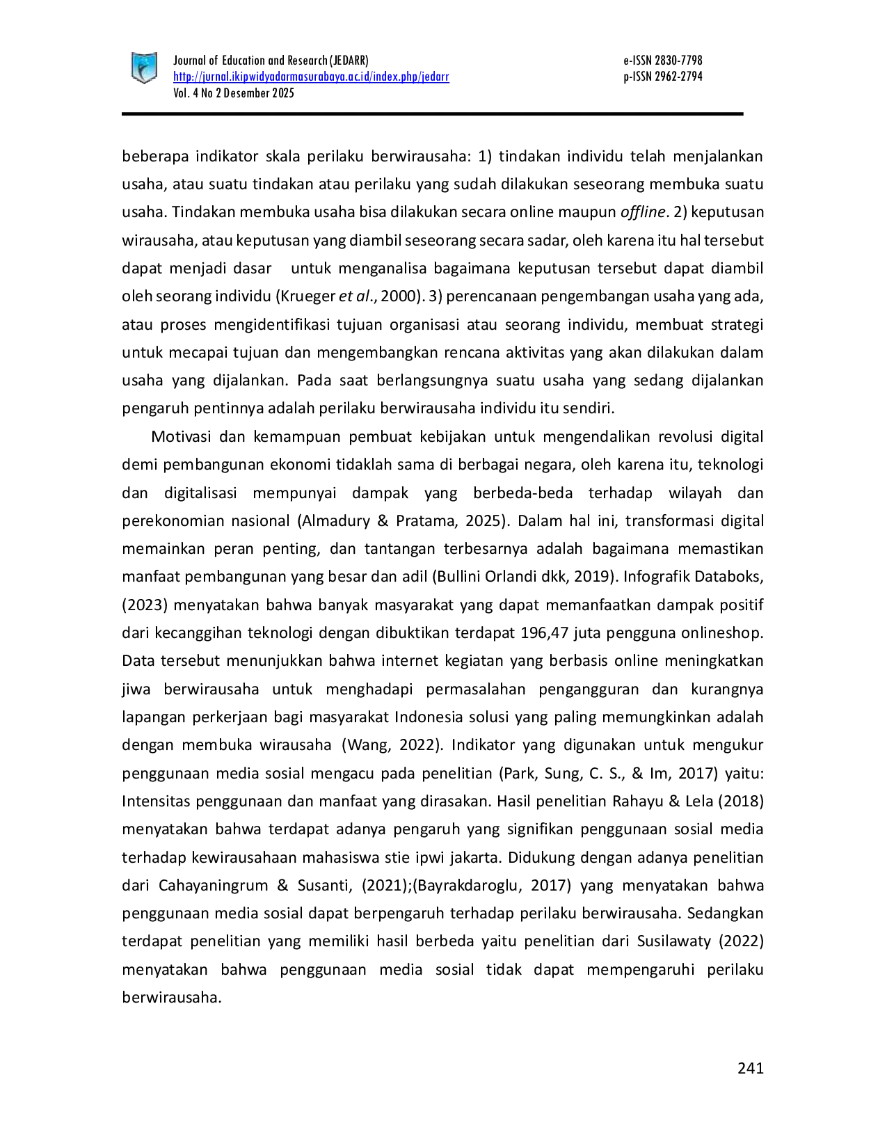 JURIS Perilaku Wirausaha Ditinjau Dari Penggunaan Media Sosial Dengan Efikasi Diri Sebagai Variabel Moderasi