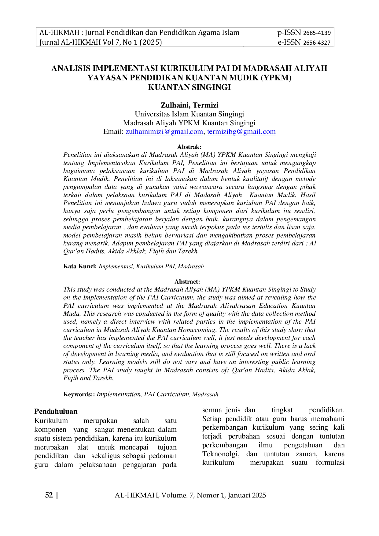JURIS Analisis Implementasi Kurikulum PAI di Madrasah Aliyah MA Yayasan Pendidikan Kuantan Mudik YPKM Kuantan Singingi