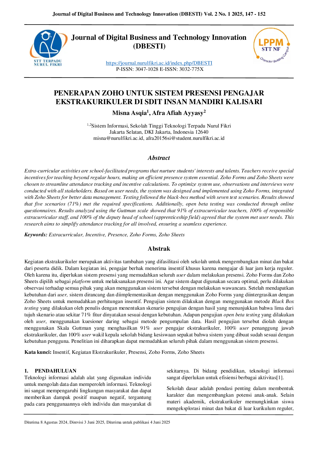 JURIS Implementation of Zoho for the Attendance System of Extracurricular Instructors at SDIT Insan Mandiri Kalisari