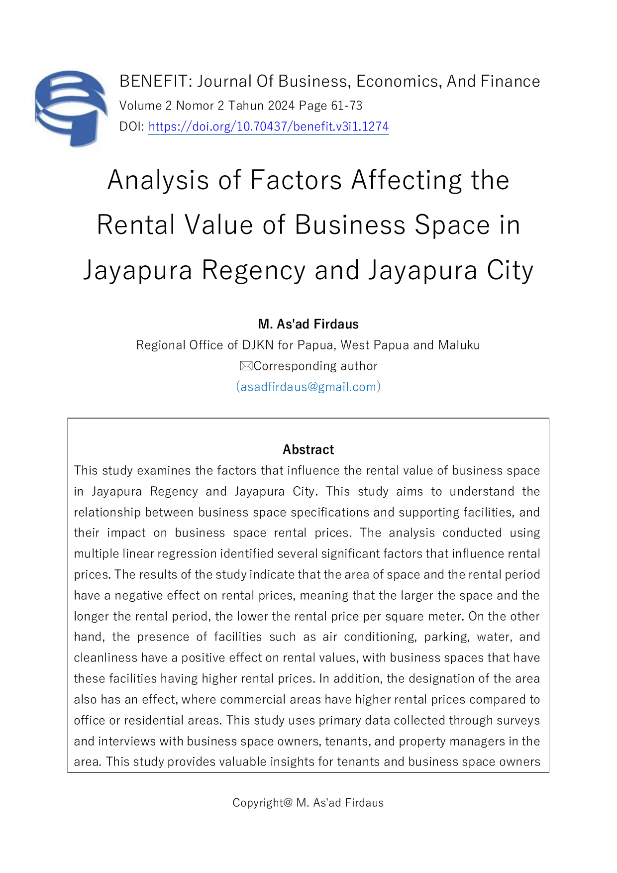 JURIS Analysis of Factors Affecting the Rental Value of Business Space in Jayapura Regency and Jayapura City