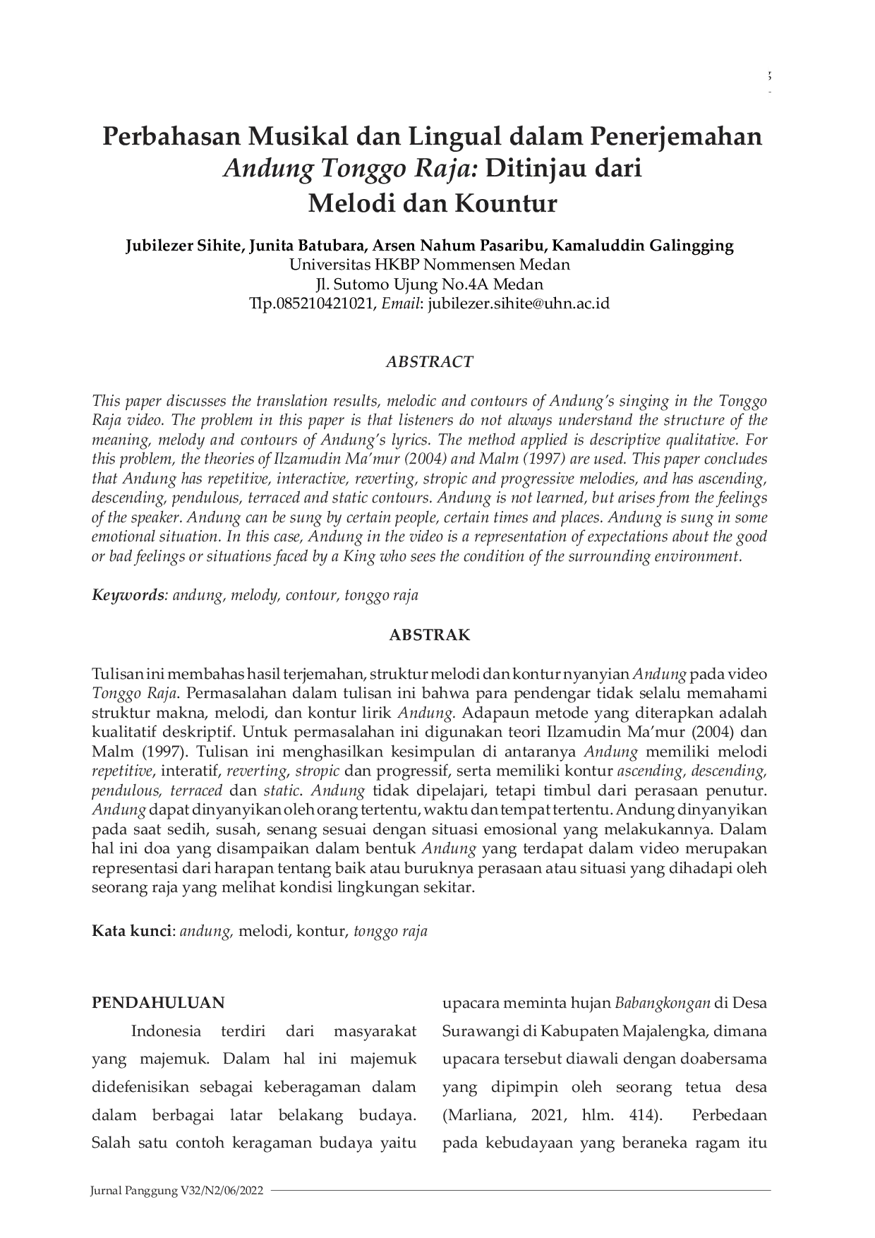 JURIS Perbahasan Musikal dan Lingual dalam Penerjemahan Andung Tonggo Raja Ditinjau dari Melodi dan Kountur