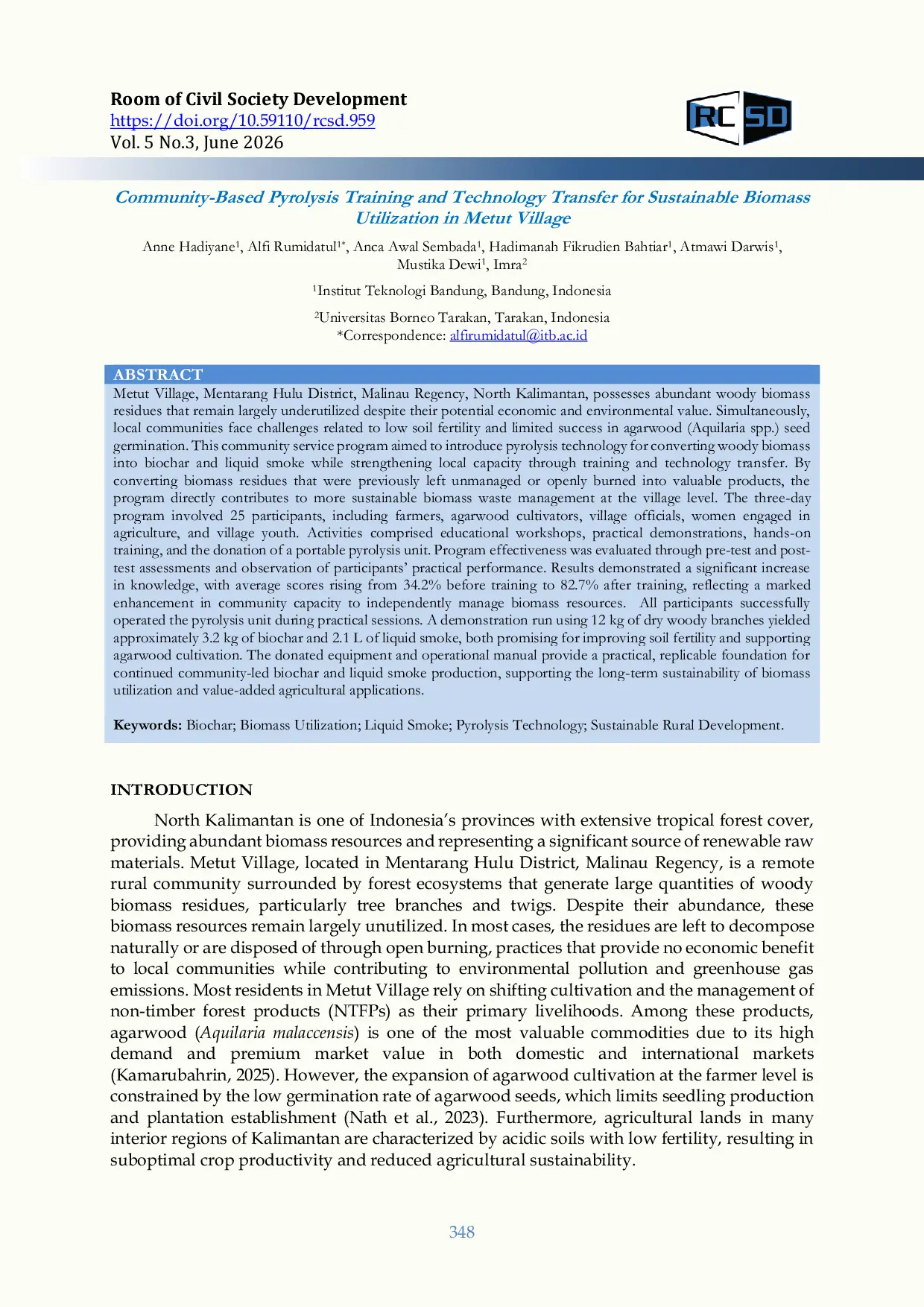 JURIS Community Based Pyrolysis Training and Technology Transfer for Sustainable Biomass Utilization in Metut Village
