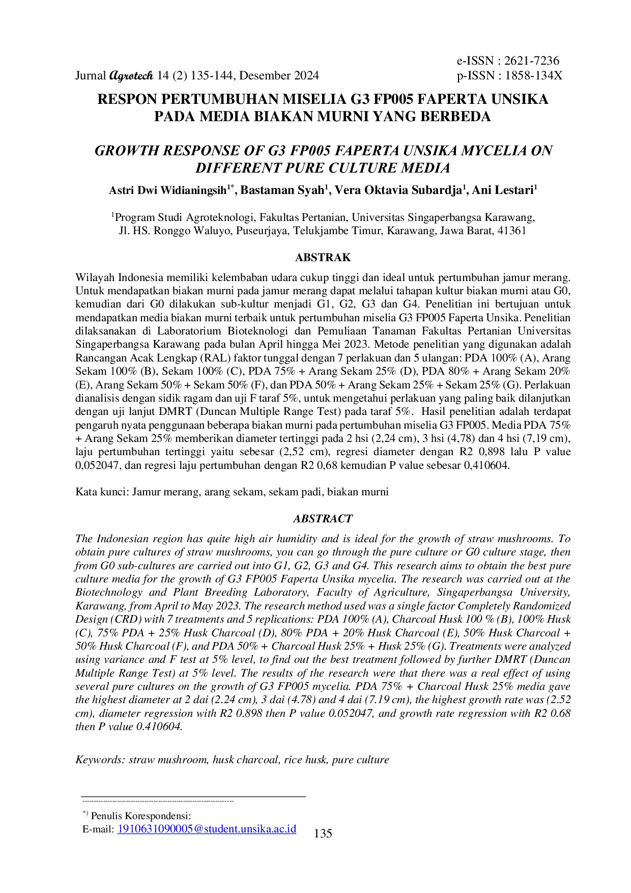 JURIS Respon Pertumbuhan Miselia G3 FP005 Faperta Unsika Pada Media Biakan Murni Yang Berbeda