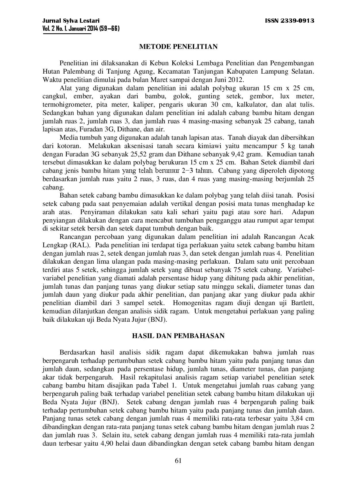 juris Pengaruh Jumlah Ruas Cabang Terhadap Pertumbuhan Setek Bambu Hitam Gigantochloa Atroviolacea