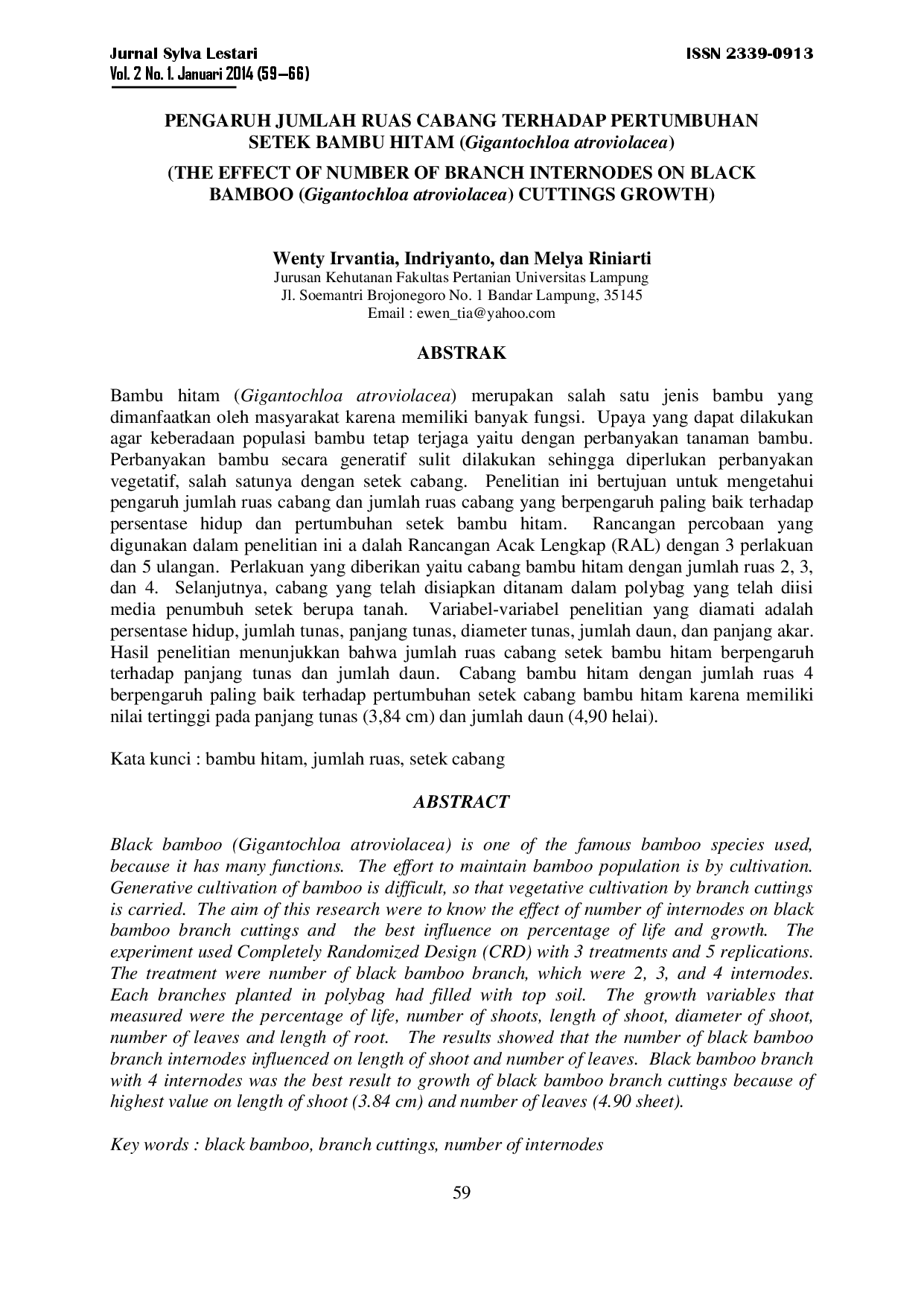 juris Pengaruh Jumlah Ruas Cabang Terhadap Pertumbuhan Setek Bambu Hitam Gigantochloa Atroviolacea