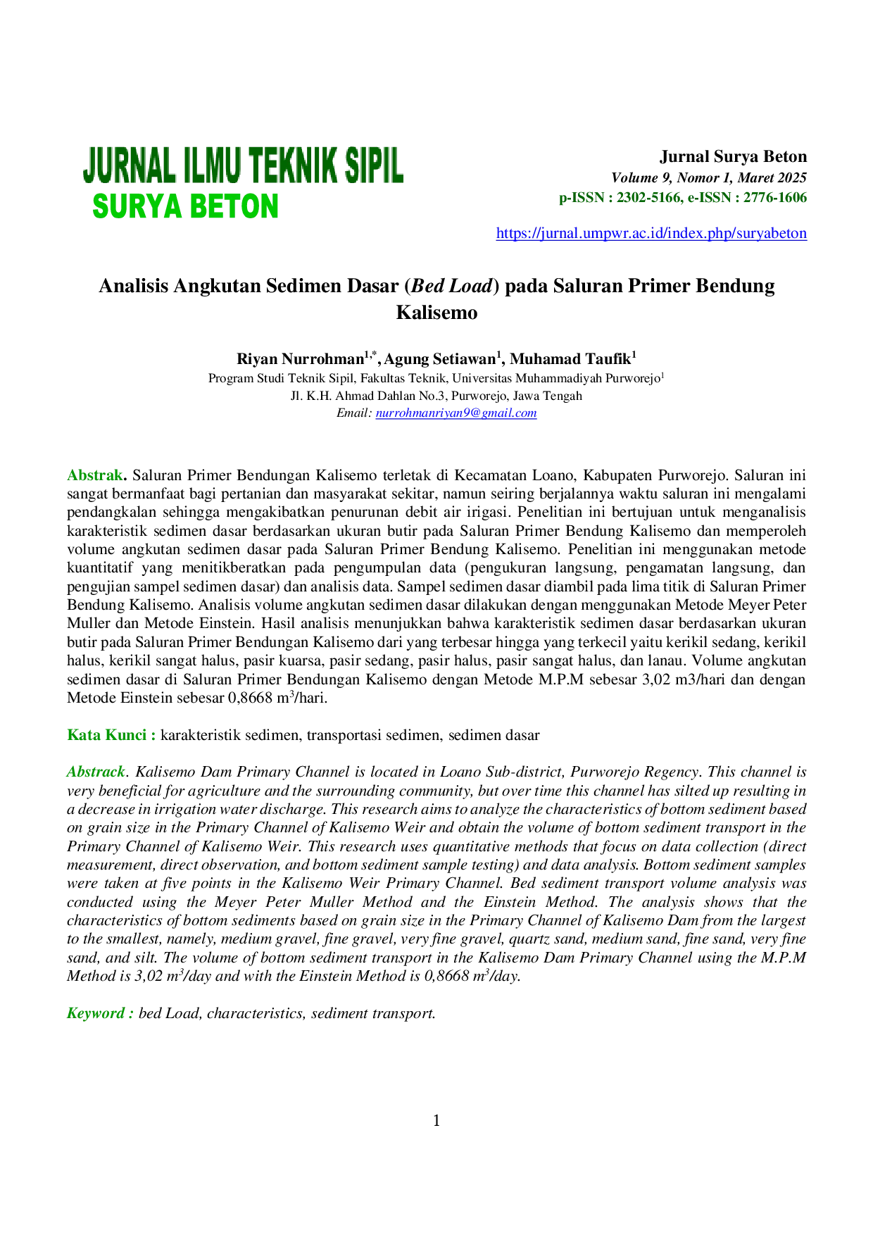JURIS Analisis Angkutan Sedimen Dasar Bed Load pada Saluran Primer Bendung Kalisemo
