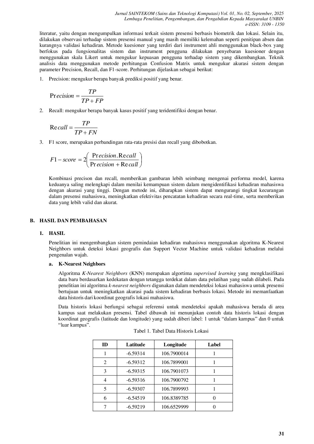 JURIS Penerapan Algoritma K Nearest Neighbors dan Support Vector Machineuntuk Pemindaian Kehadiran Mahasiswa Berdasarkan Based Location dan Face Recognition
