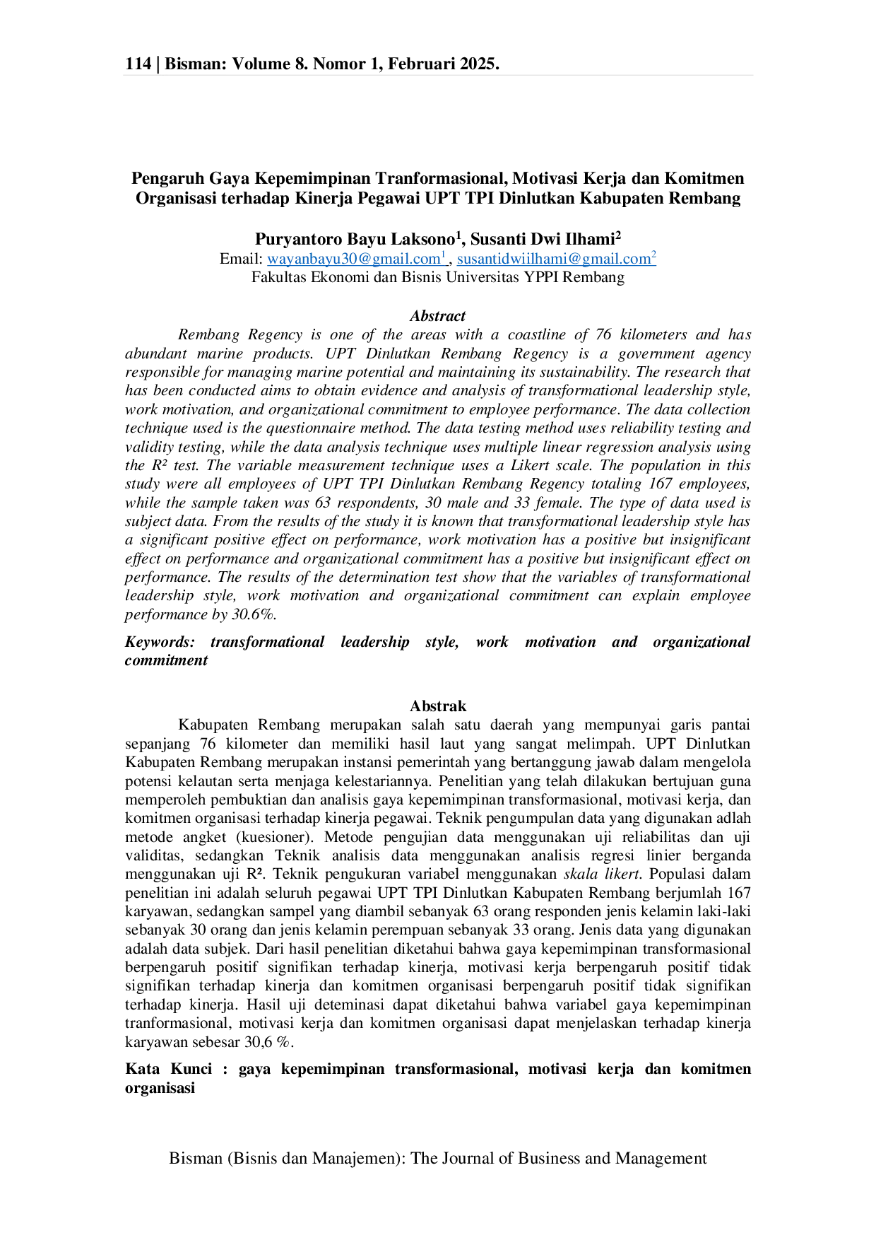 JURIS Pengaruh Gaya Kepemimpinan Tranformasional Motivasi Kerja dan Komitmen Organisasi terhadap Kinerja Pegawai UPT TPI Dinlutkan Kabupaten Rembang