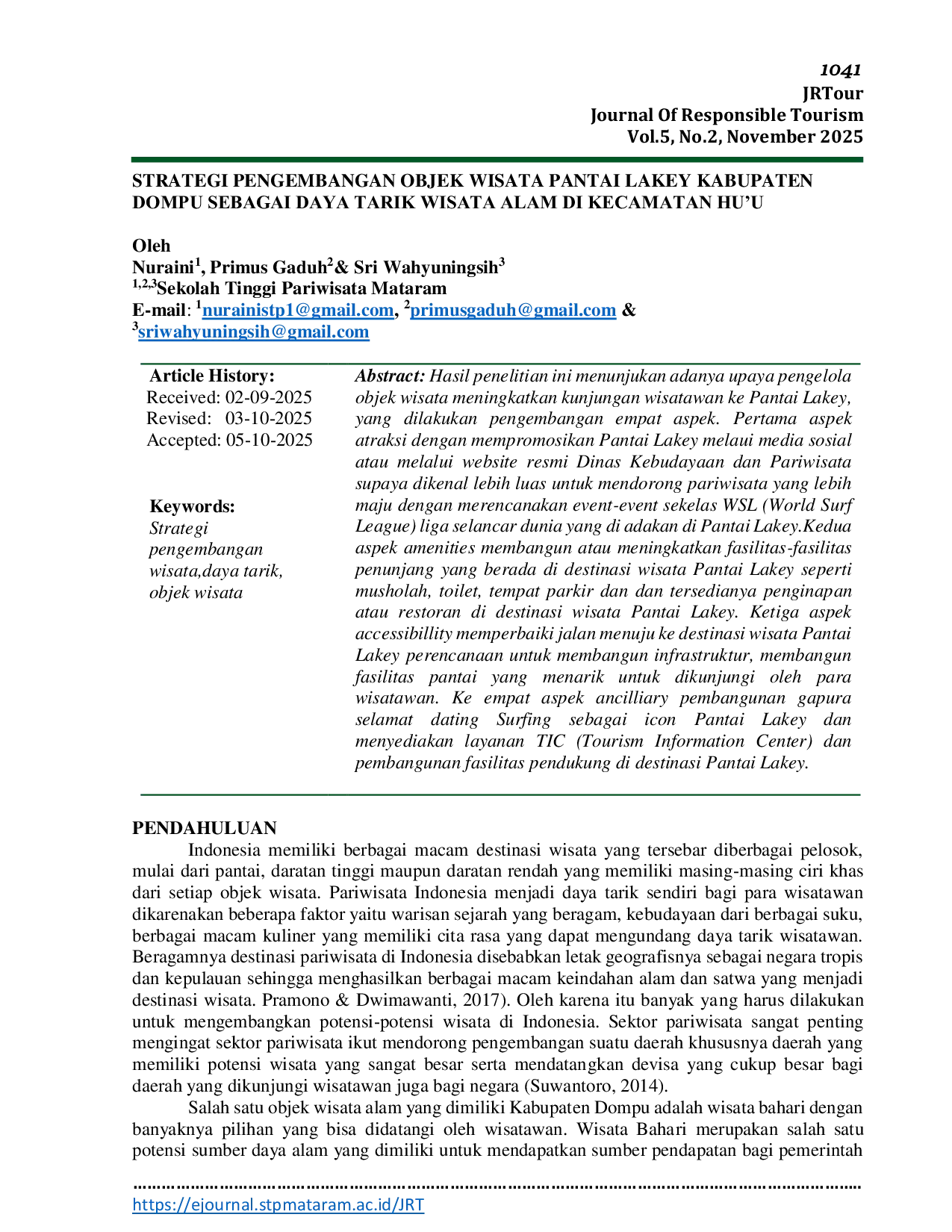 JURIS Strategi Pengembangan Objek Wisata Pantai Lakey Kabupaten Dompu Sebagai Daya Tarik Wisata Alam di Kecamatan Hu u