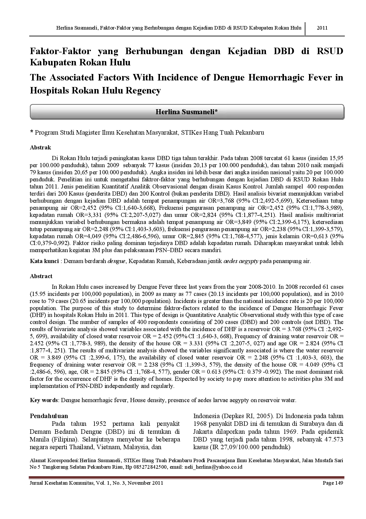 juris Faktor Faktor Yang Berhubungan Dengan Kejadian Dbd Di R Sud Kabupaten Rokan Hulu