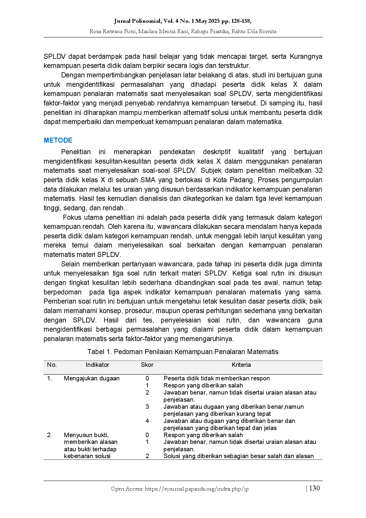 juris Problematika Kemampuan Penalaran Matematis Peserta Didik Kelas X dalam Menyelesaikan Soal Sistem Persamaan Liniear Dua Variabel