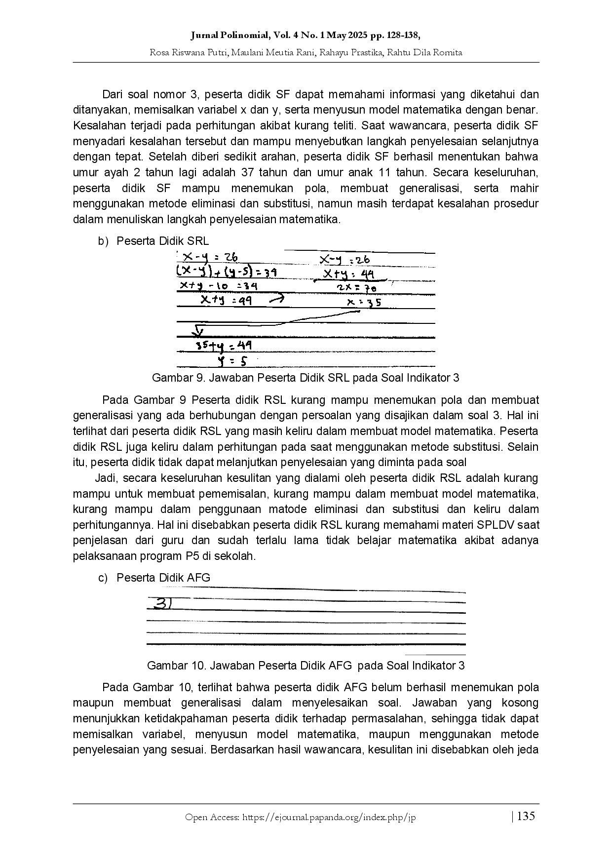 juris Problematika Kemampuan Penalaran Matematis Peserta Didik Kelas X dalam Menyelesaikan Soal Sistem Persamaan Liniear Dua Variabel