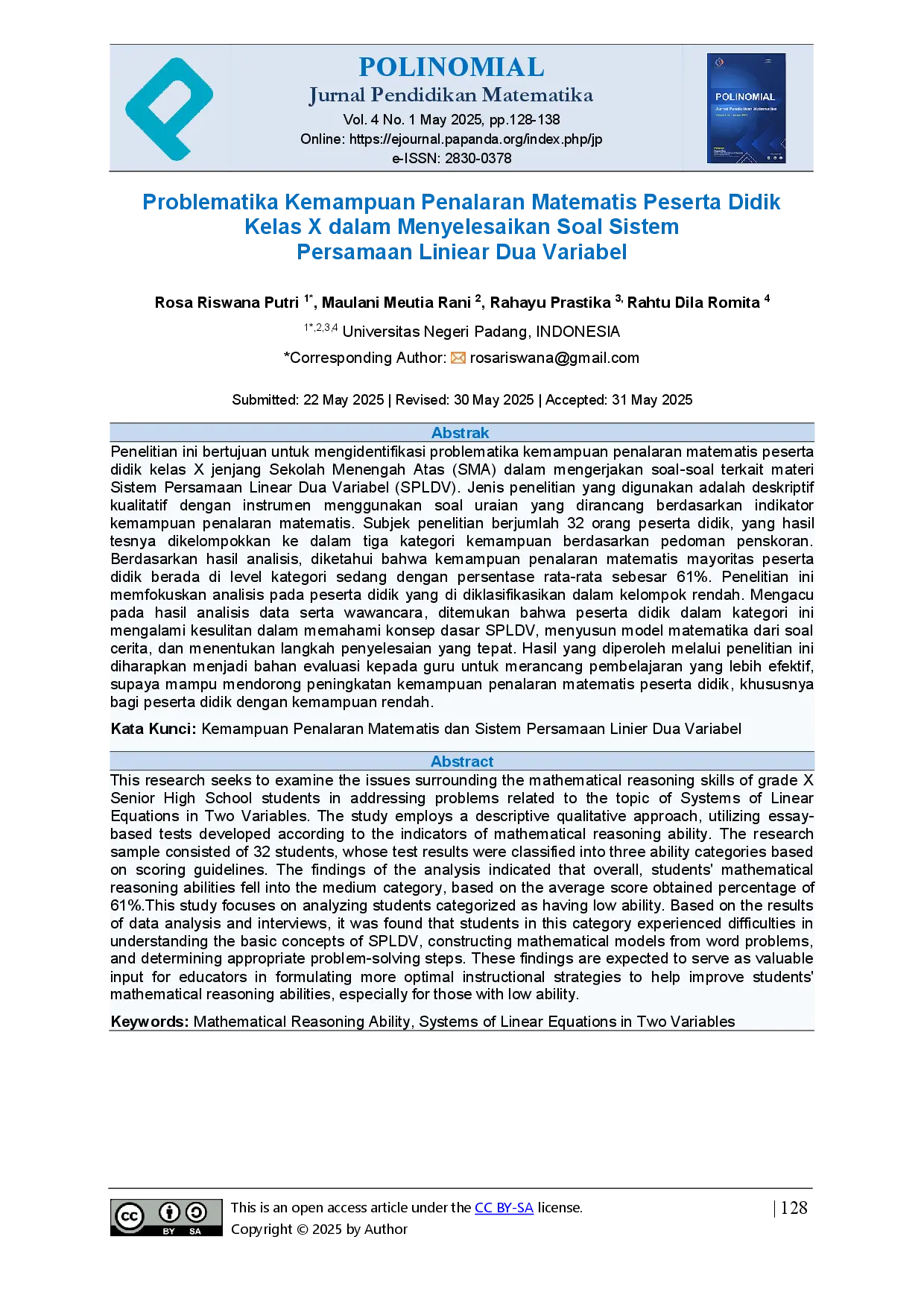 juris Problematika Kemampuan Penalaran Matematis Peserta Didik Kelas X dalam Menyelesaikan Soal Sistem Persamaan Liniear Dua Variabel