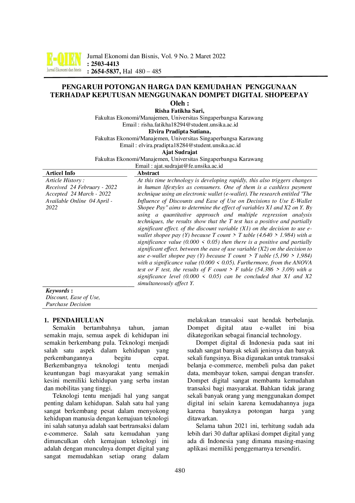 JURIS Pengaruh Potongan Harga dan Kemudahan Penggunaan Terhadap Keputusan Penggunaan E Wallet Shopee Pay