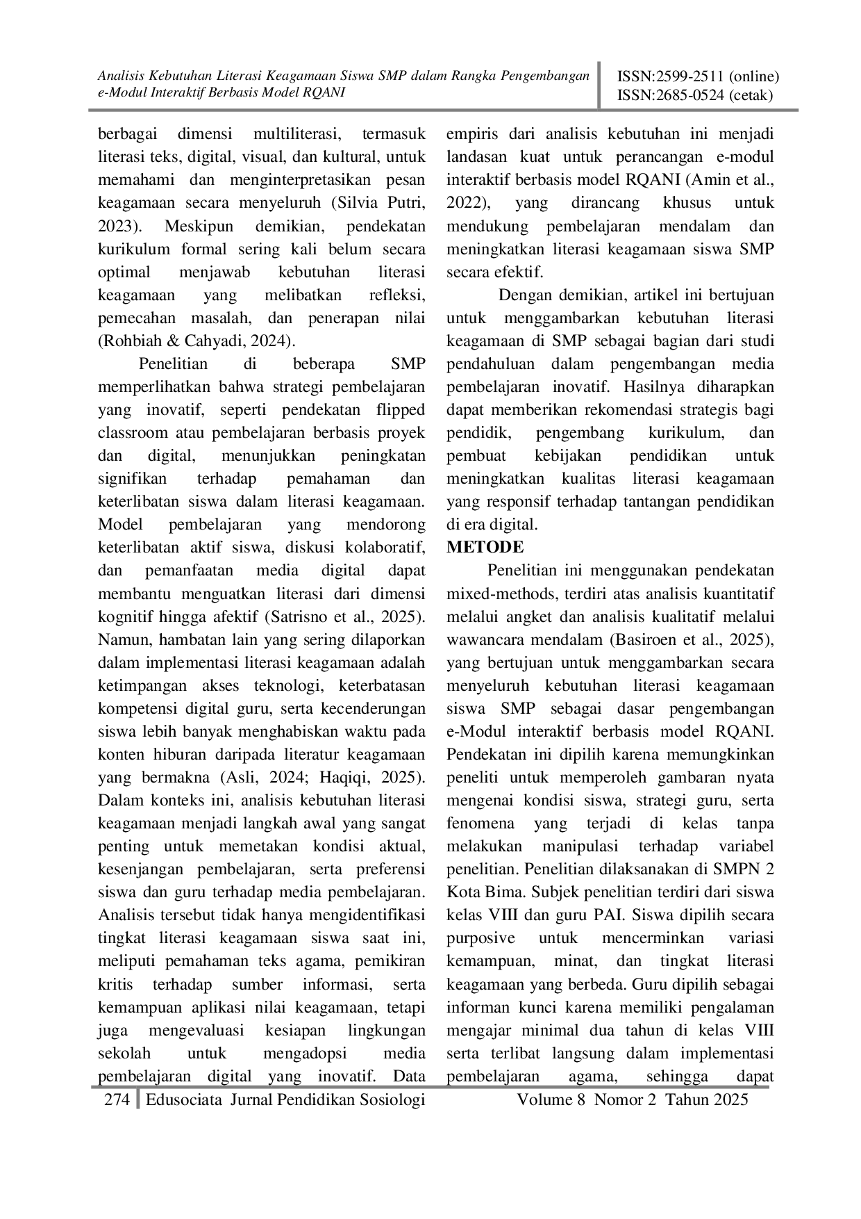 JURIS Analisis Kebutuhan Literasi Keagamaan Siswa SMP dalam Rangka Pengembangan e Modul Interaktif Berbasis Model RQANI