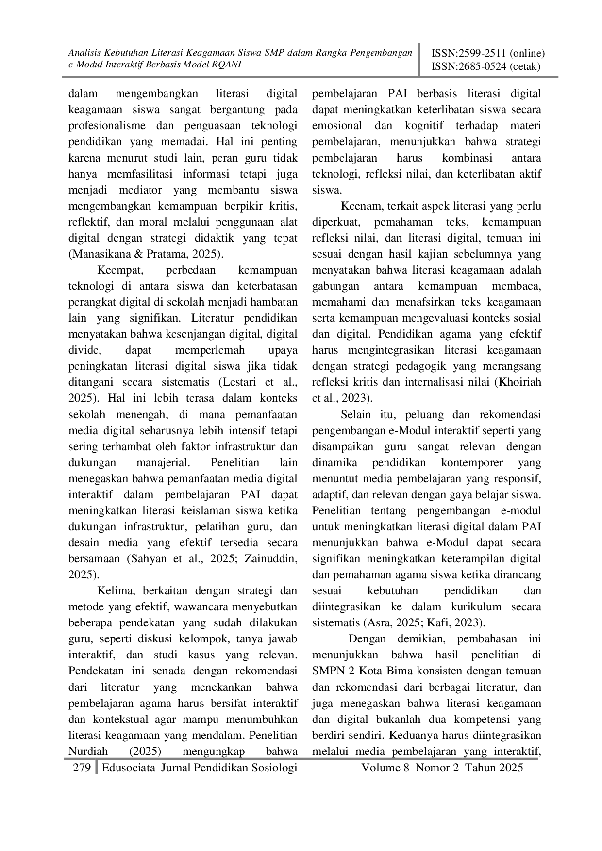 JURIS Analisis Kebutuhan Literasi Keagamaan Siswa SMP dalam Rangka Pengembangan e Modul Interaktif Berbasis Model RQANI