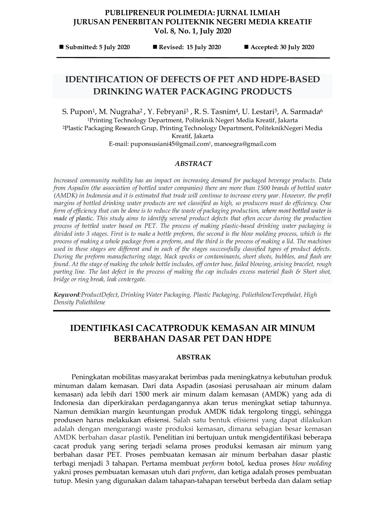 JURIS Identification Of Defects Of Pet And Hdpe Based Drinking Water Packaging Products