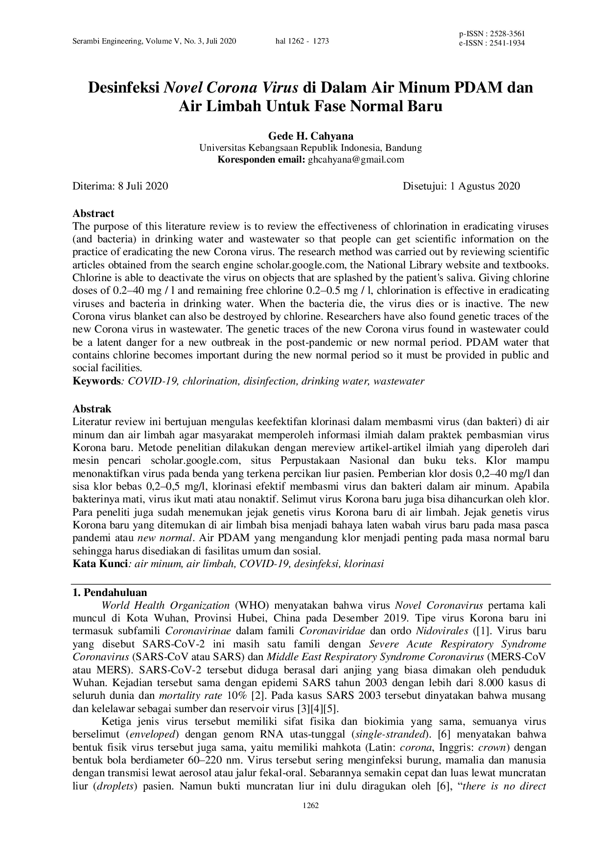 JURIS Desinfeksi Novel Corona Virus di Dalam Air Minum PDAM dan Air Limbah Untuk Fase Normal Baru