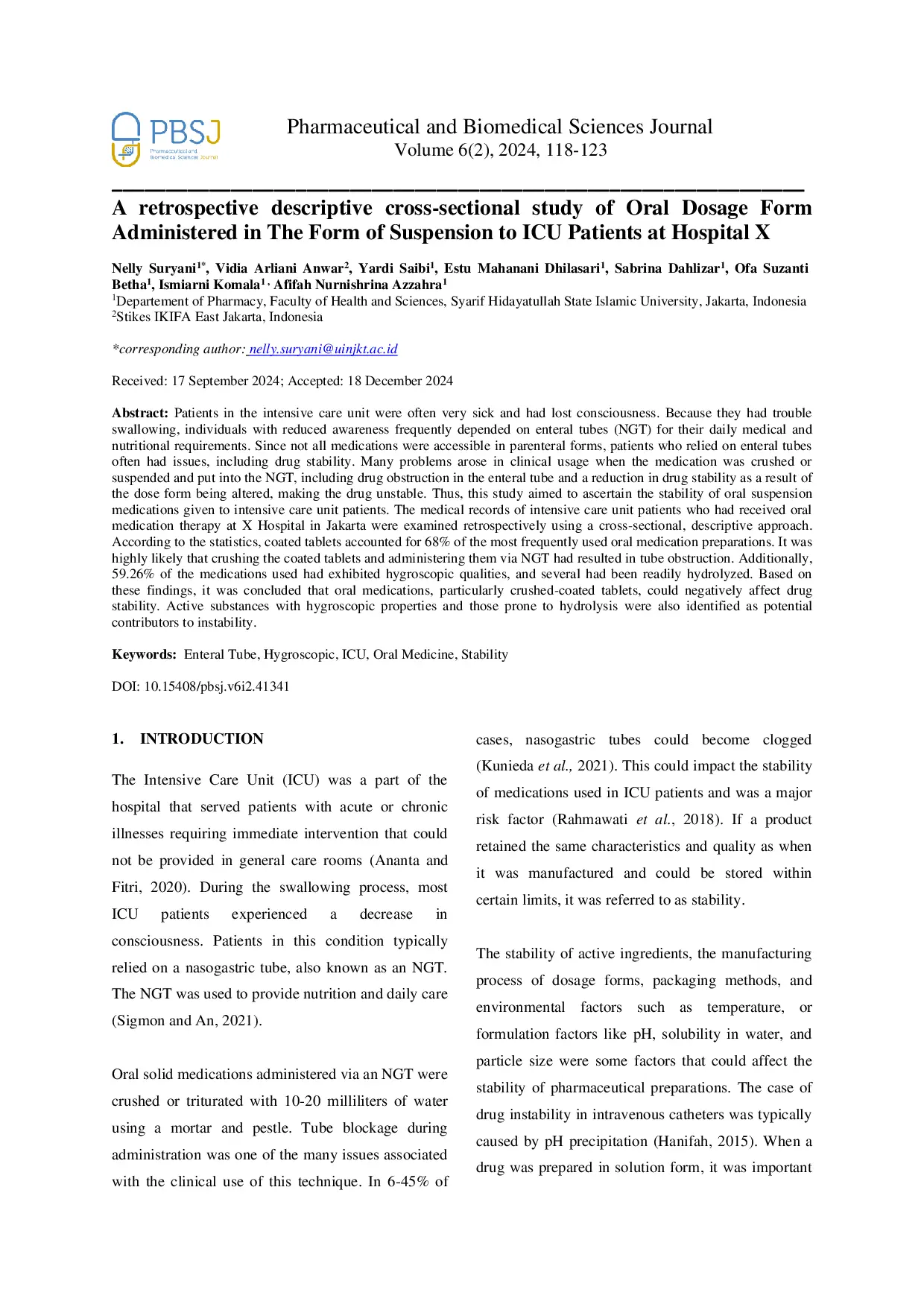 JURIS A retrospective descriptive cross sectional study of Oral Dosage Form Administered in The Form of Suspension to ICU Patients at Hospital X