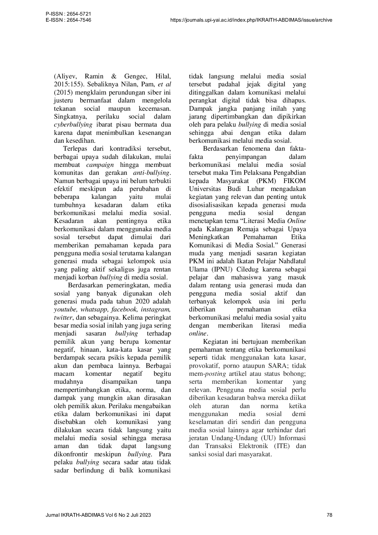 JURIS Literasi Media Online pada Kalangan Remaja Untuk Meningkatkan Pemahaman Etika Berkomunikasi di Media Sosial