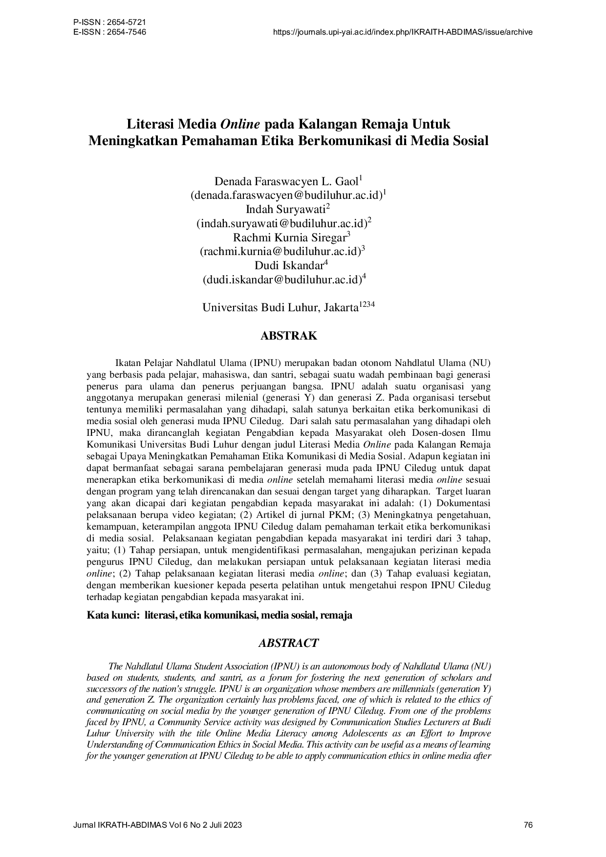 JURIS Literasi Media Online pada Kalangan Remaja Untuk Meningkatkan Pemahaman Etika Berkomunikasi di Media Sosial