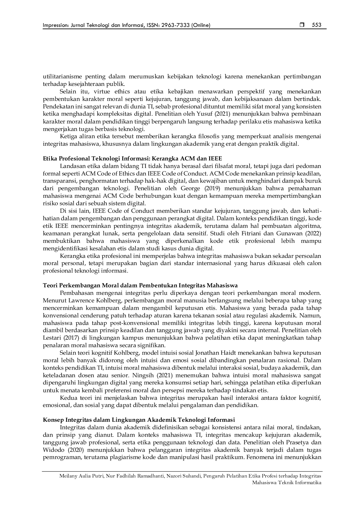 JURIS Pengaruh Pelatihan Etika Profesi terhadap Integritas Mahasiswa Teknik Informatika