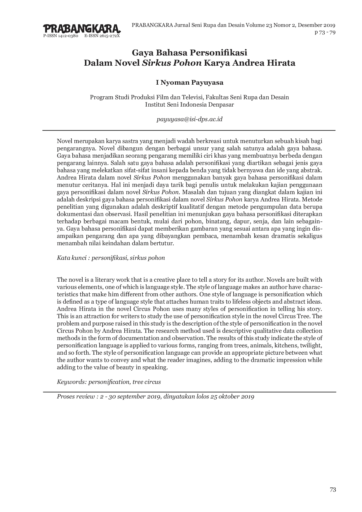 JURIS Gaya Bahasa Personifikasi Dalam Novel Sirkus Pohon Karya Andrea Hirata