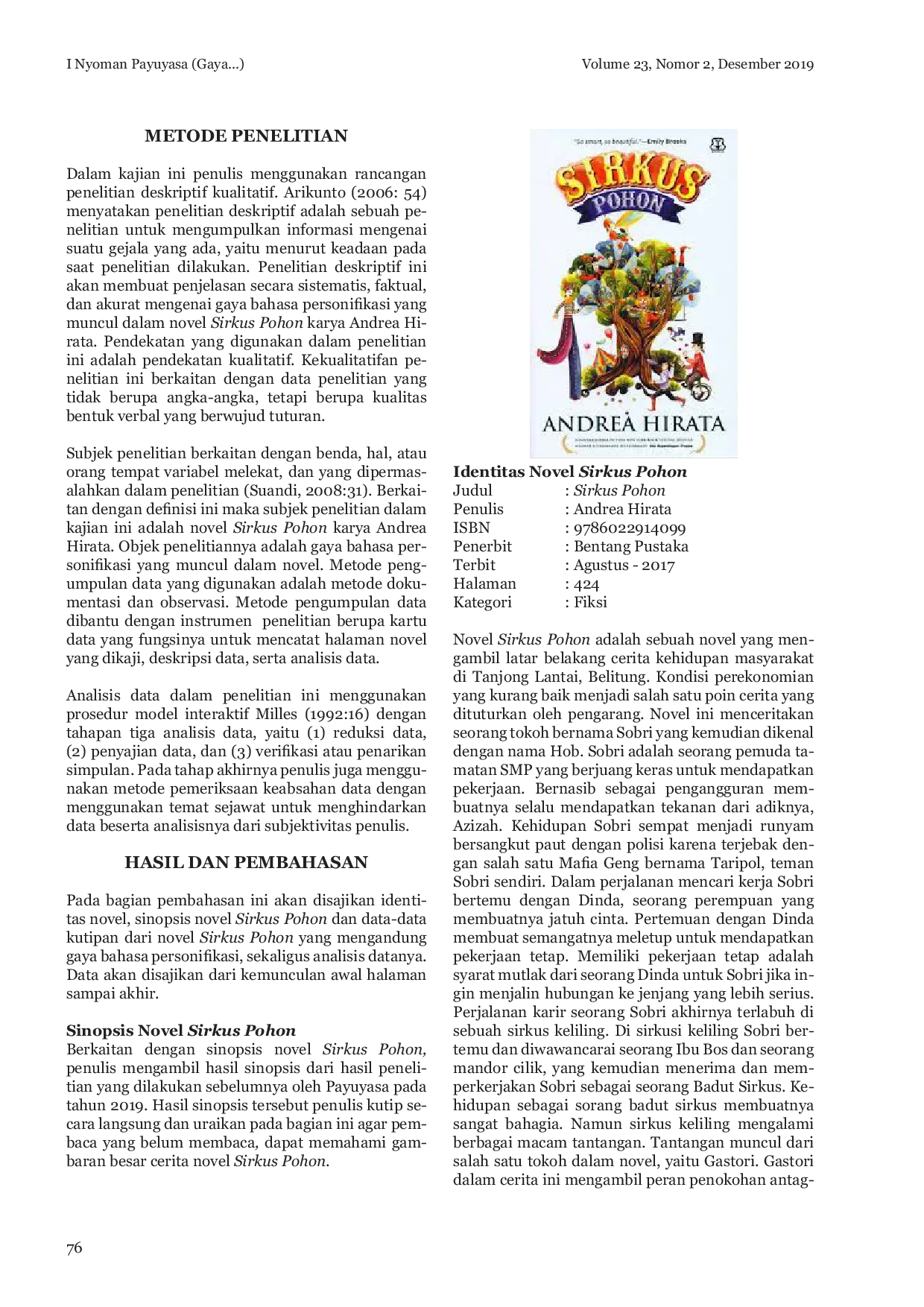 JURIS Gaya Bahasa Personifikasi Dalam Novel Sirkus Pohon Karya Andrea Hirata