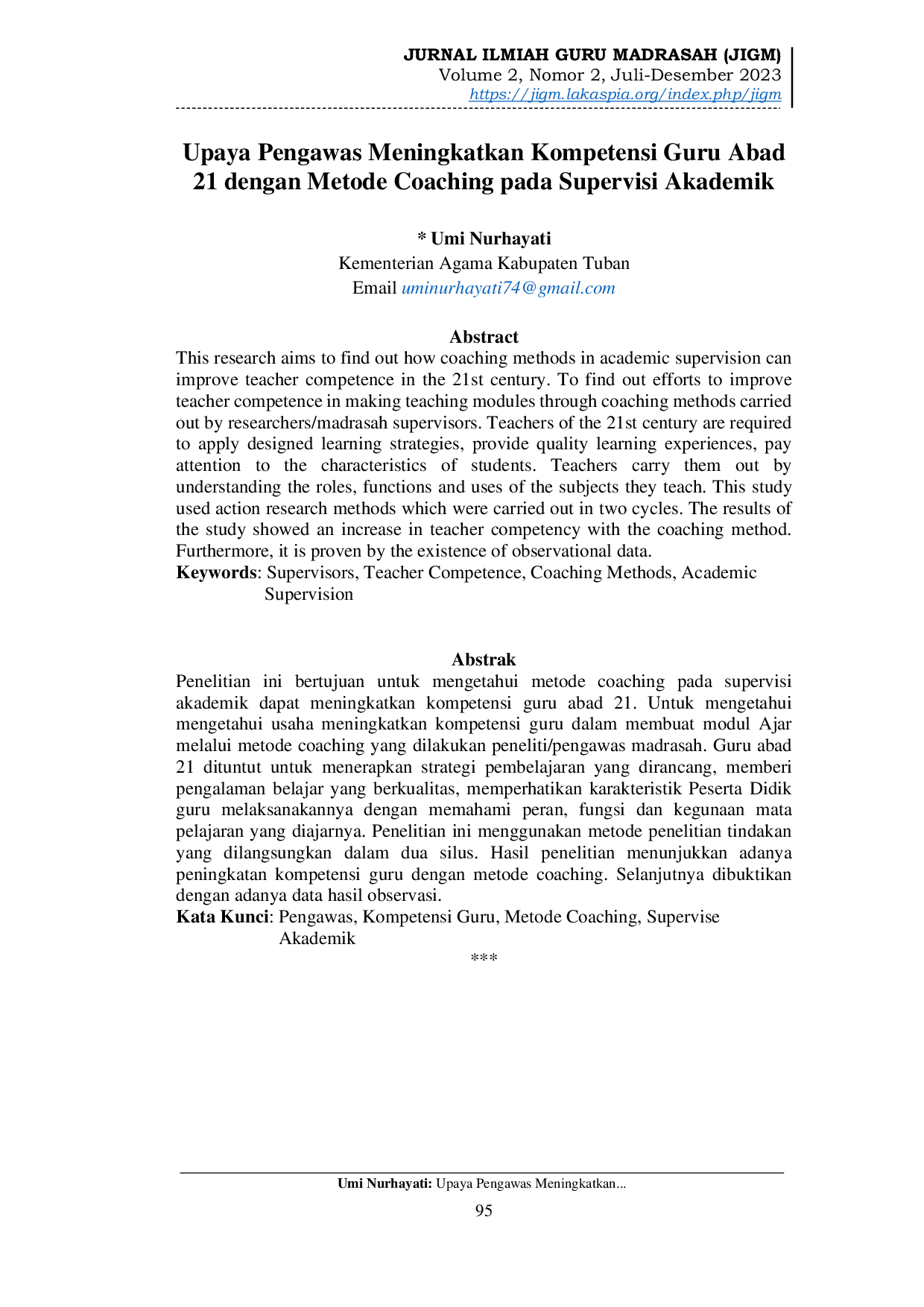 JURIS Upaya Pengawas Meningkatkan Kompetensi Guru Abad 21 dengan Metode Coaching pada Supervisi Akademik