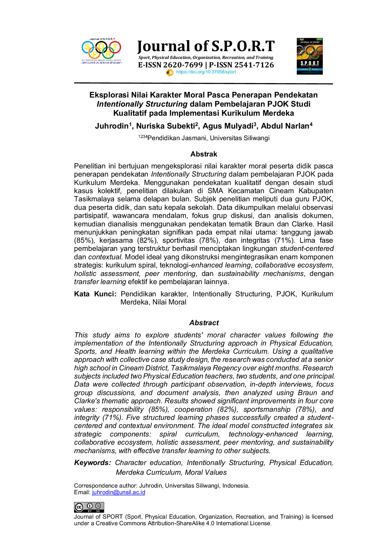 JURIS Eksplorasi Nilai Karakter Moral Pasca Penerapan Pendekatan Intentionally Structuring dalam Pembelajaran PJOK Studi Kualitatif pada Implementasi Kurikulum Merdeka