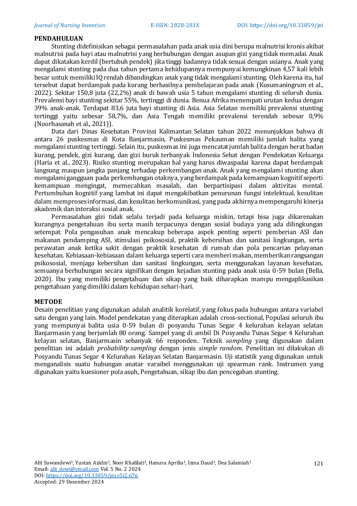 JURIS Hubungan Pola Asuh Pengetahuan dan Sikap Ibu dengan Pencegahan Stunting Pada Balita di Posyandu Tunas Segar 4