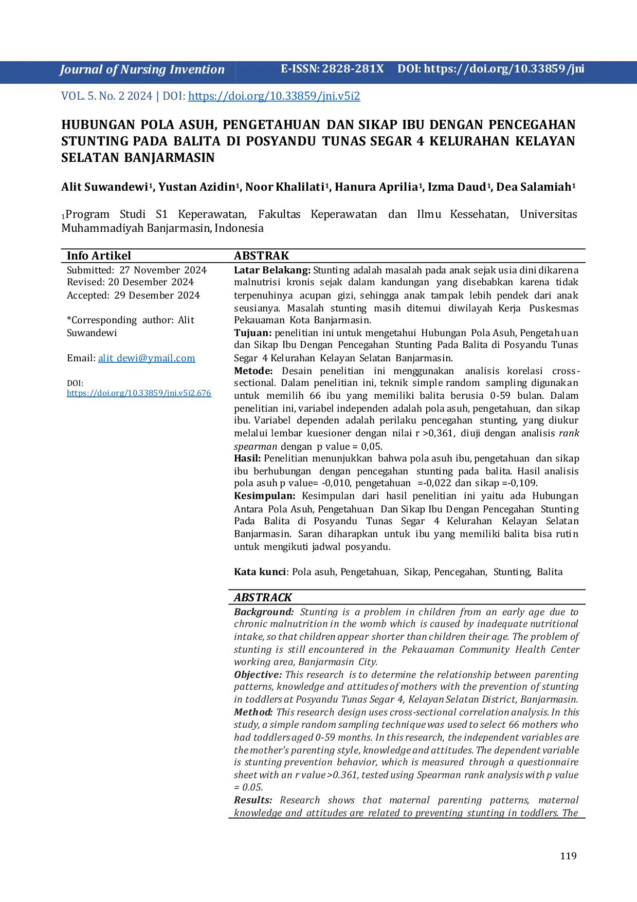 JURIS Hubungan Pola Asuh Pengetahuan dan Sikap Ibu dengan Pencegahan Stunting Pada Balita di Posyandu Tunas Segar 4