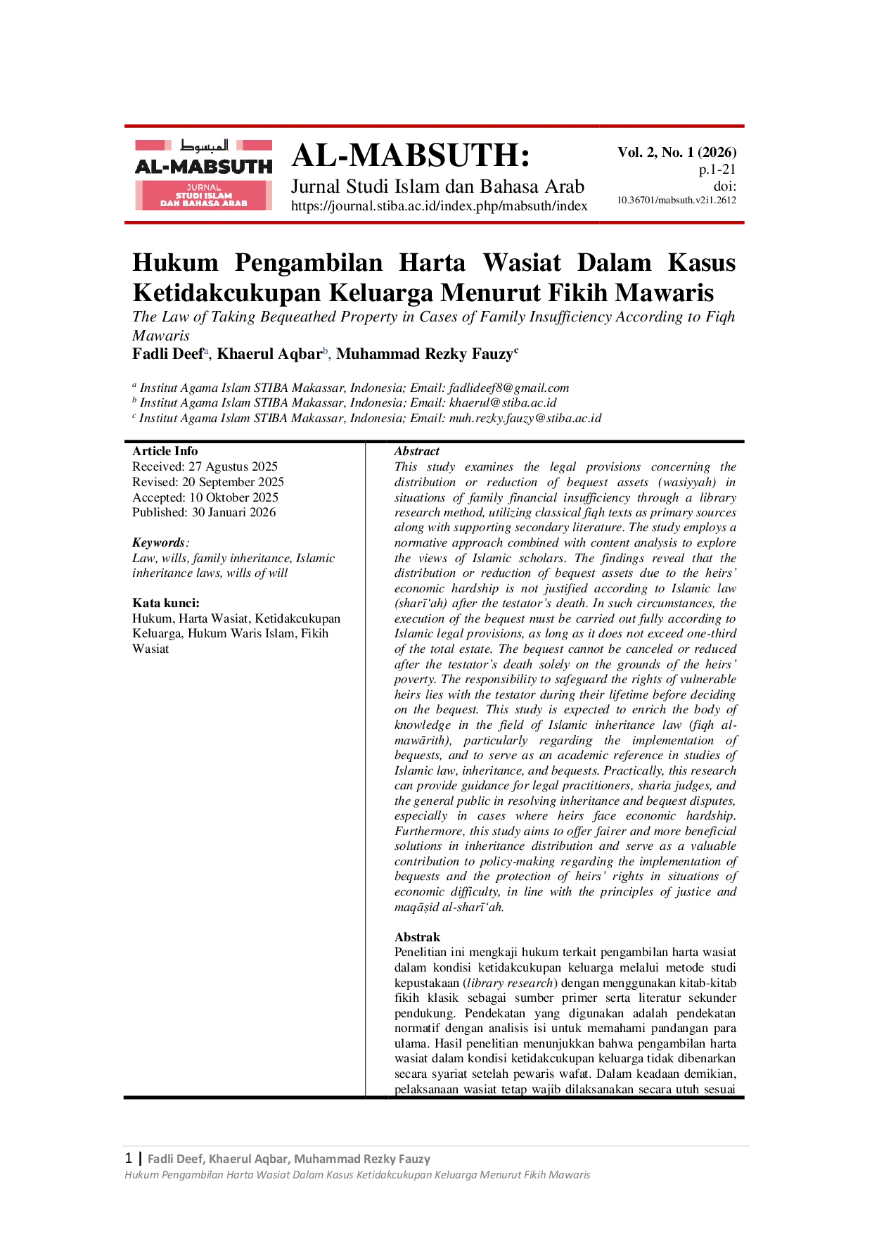 JURIS Hukum Pengambilan Harta Wasiat Dalam Kasus Ketidakcukupan Keluarga Menurut Fikih Mawaris