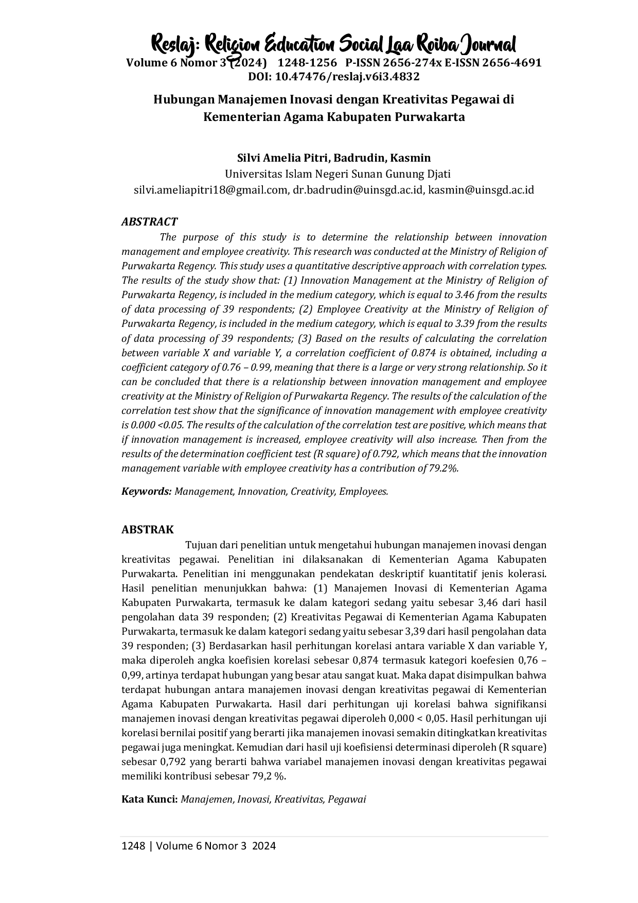 JURIS Hubungan Manajemen Inovasi dengan Kreativitas Pegawai di Kementerian Agama Kabupaten Purwakarta