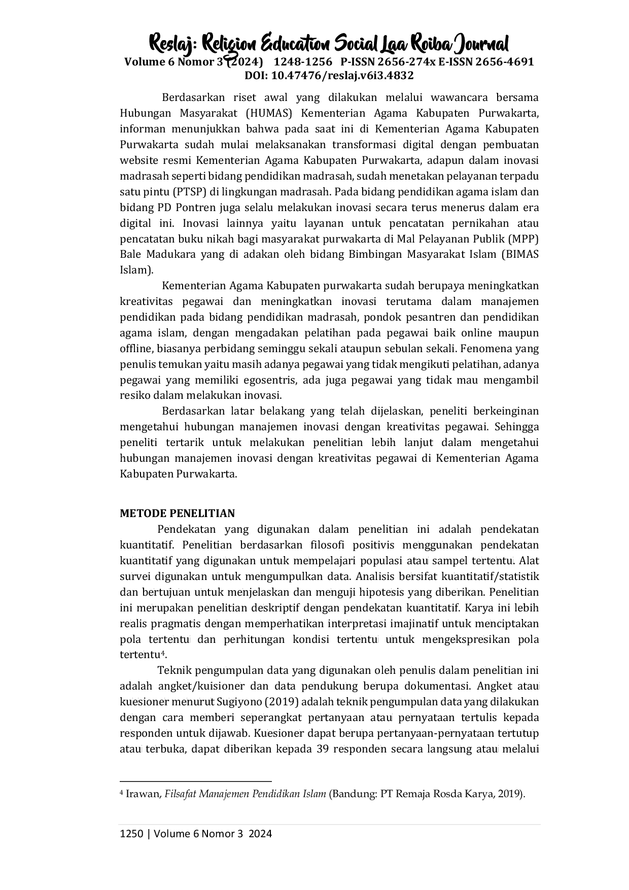 JURIS Hubungan Manajemen Inovasi dengan Kreativitas Pegawai di Kementerian Agama Kabupaten Purwakarta