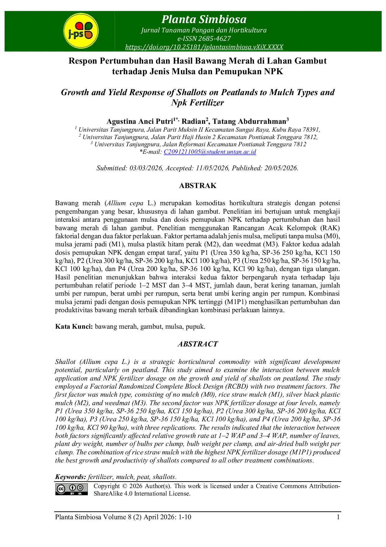 JURIS Growth and Yield Response of Shallots on Peatlands to Mulch Types and Npk Fertilizer