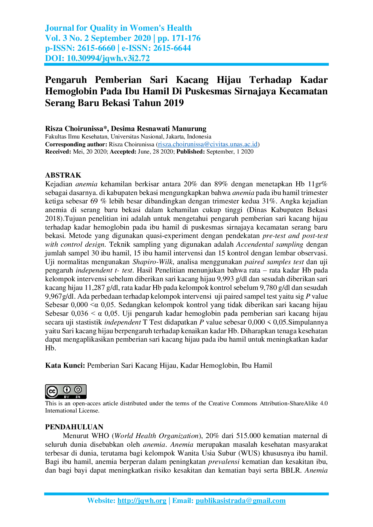 JURIS Pengaruh Pemberian Sari Kacang Hijau Terhadap Kadar Hemoglobin Pada Ibu Hamil Di Puskesmas Sirnajaya Kecamatan Serang Baru Bekasi Tahun 2019