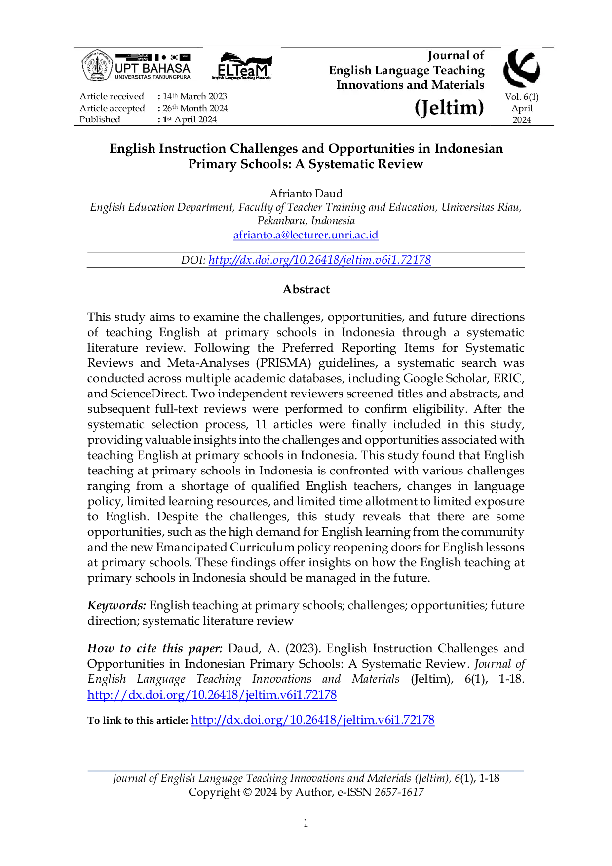 JURIS English Instruction Challenges and Opportunities in Indonesian Primary Schools A Systematic Review