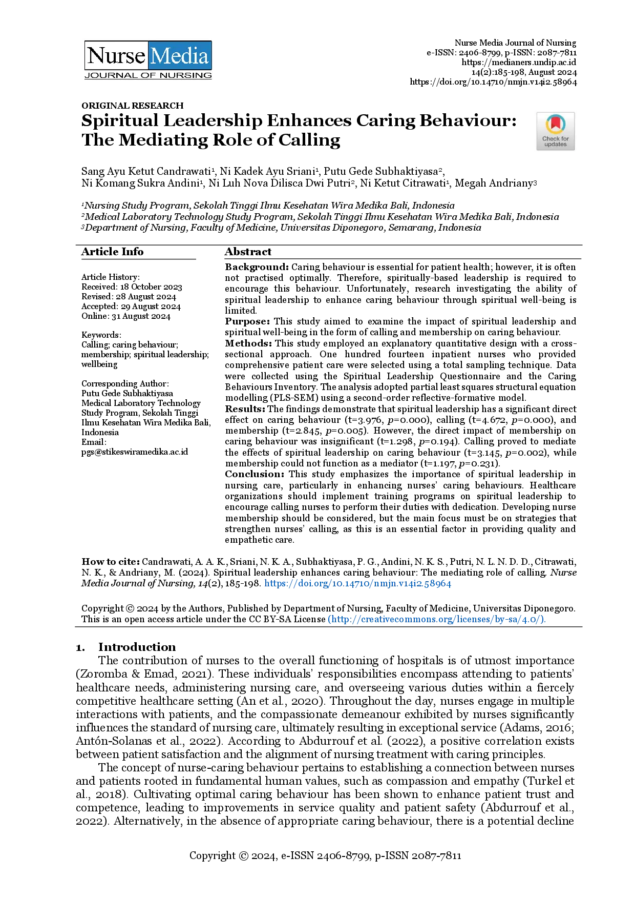 juris Spiritual Leadership Enhances Caring Behaviour The Mediating Role of Calling