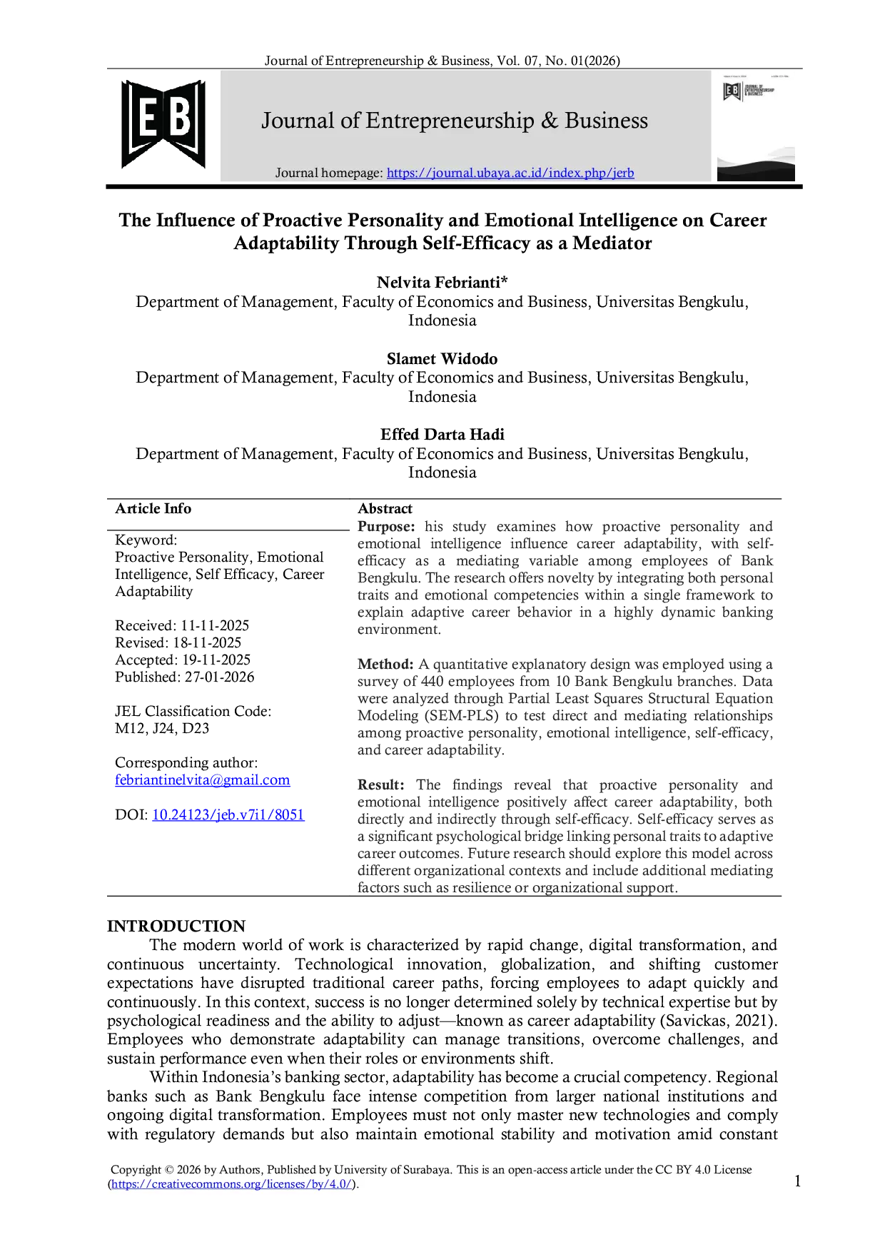 JURIS The Influence of Proactive Personality and Emotional Intelligence on Career Adaptability Through Self Efficacy as a Mediator
