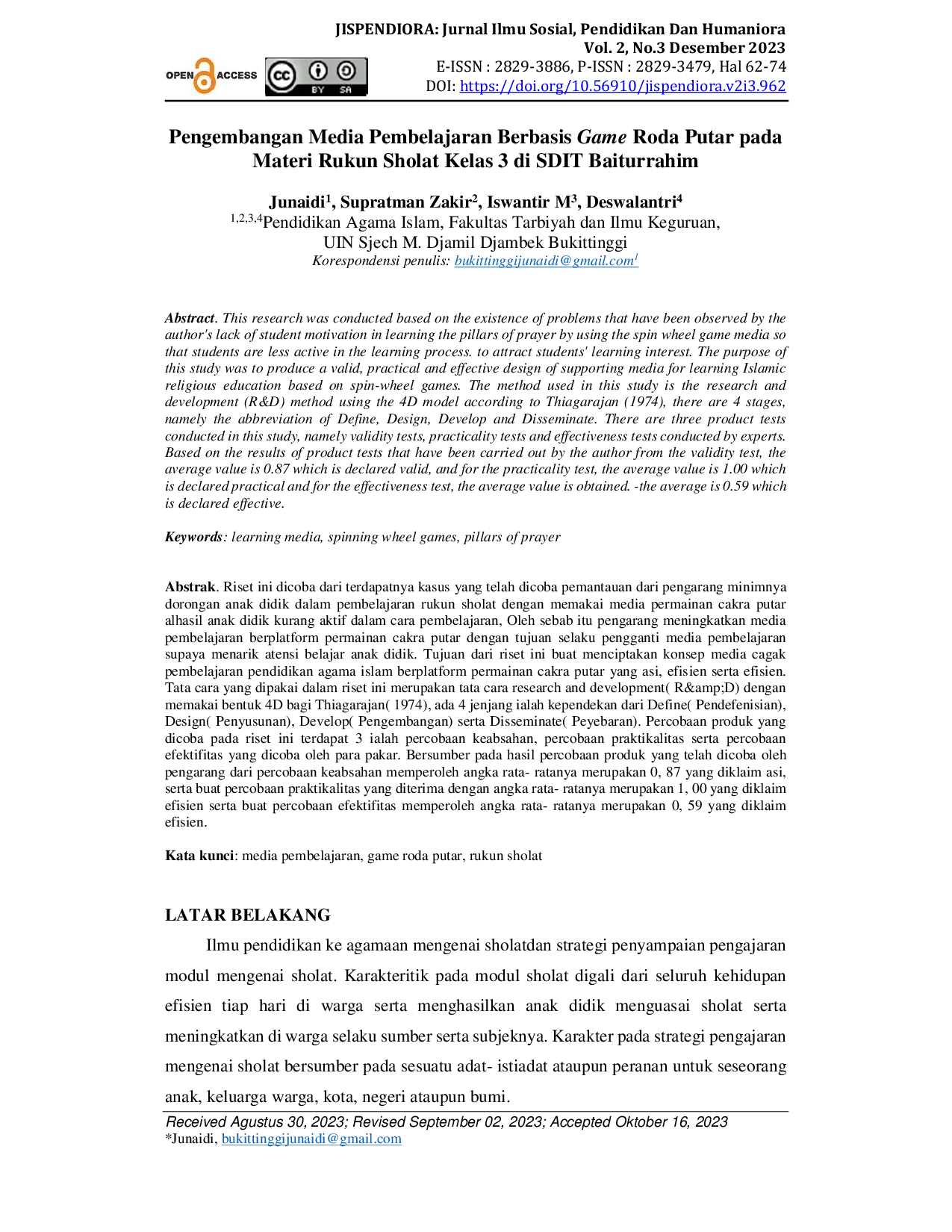 JURIS Pengembangan Media Pembelajaran Berbasis Game Roda Putar pada Materi Rukun Sholat Kelas 3 di SDIT Baiturrahim