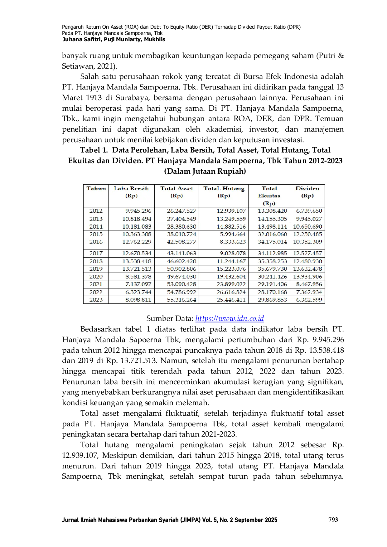 JURIS Pengaruh Return On Asset ROA dan Debt To Equity Ratio DER Terhadap Divided Payout Ratio DPR pada PT Hanjaya Mandala Sampoerna Tbk