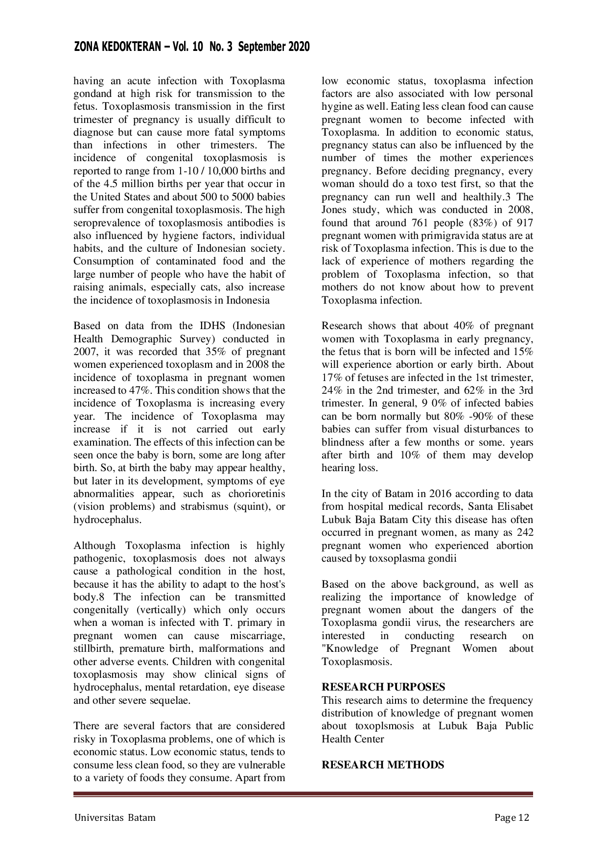 JURIS Pregnant Woman Knowledge About Toxoplasmosis in Puskesmas Lubuk Baja Batam City