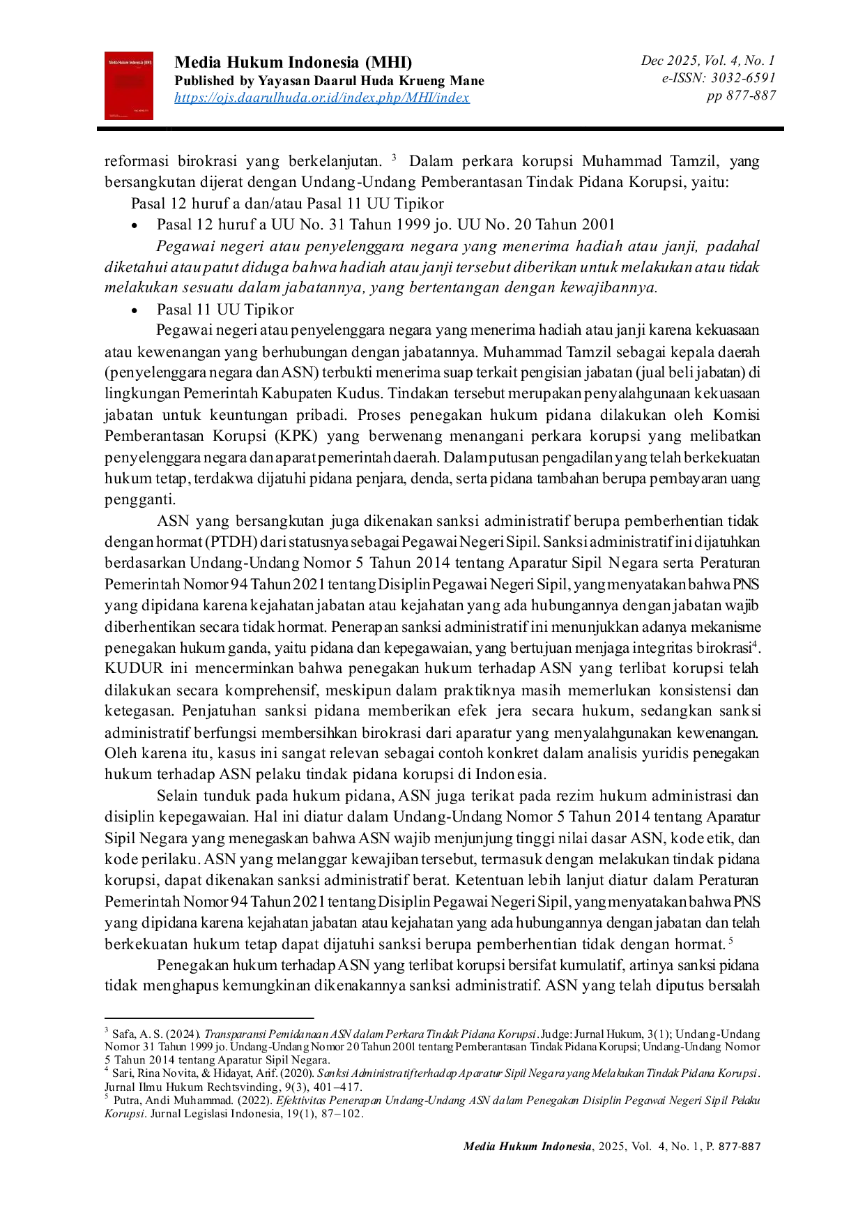 JURIS Analisis Yuridis Penegakan Hukum Terhadap Aparatur Sipil Negara Yang Terlibat Korupsi