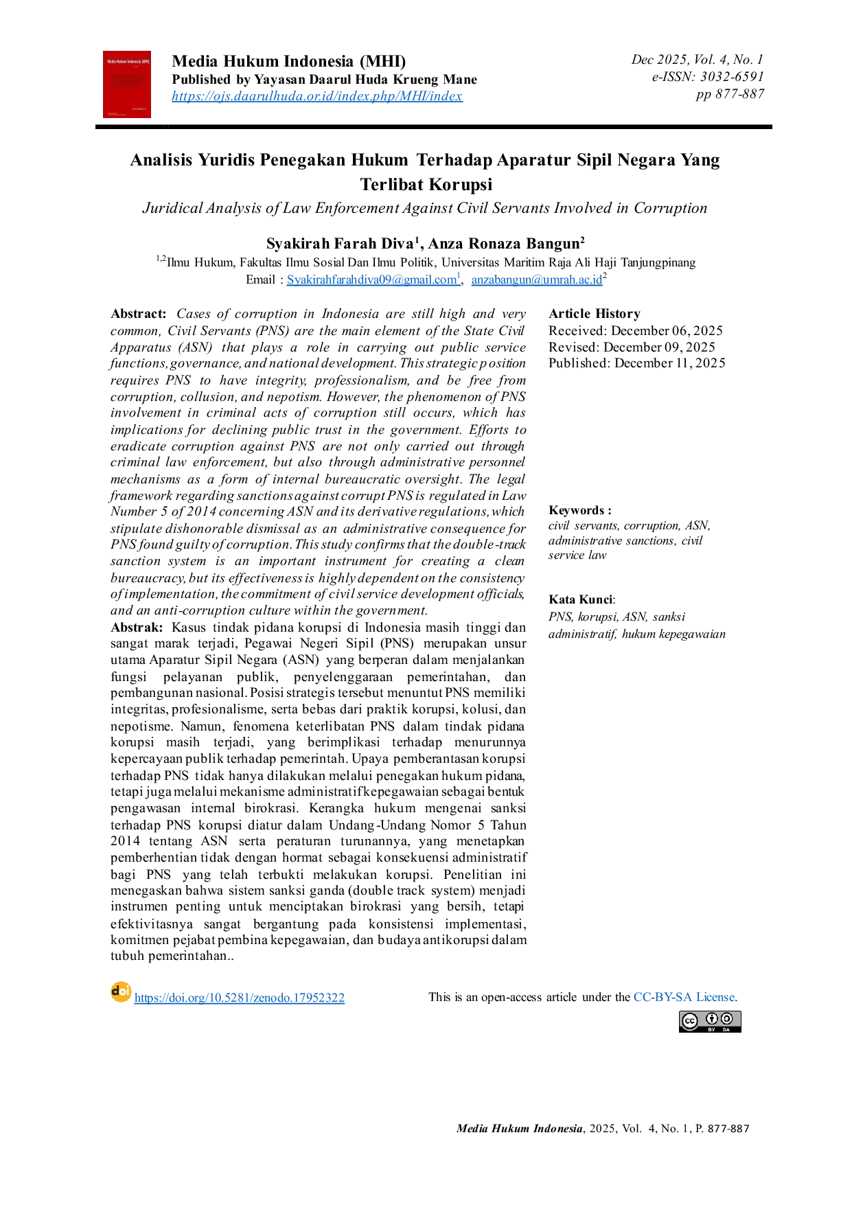 JURIS Analisis Yuridis Penegakan Hukum Terhadap Aparatur Sipil Negara Yang Terlibat Korupsi
