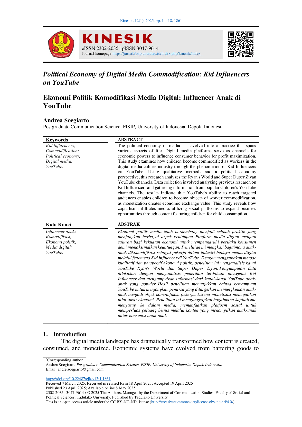 JURIS Ekonomi Politik Komodifikasi Media Digital Influencer Anak di YouTube