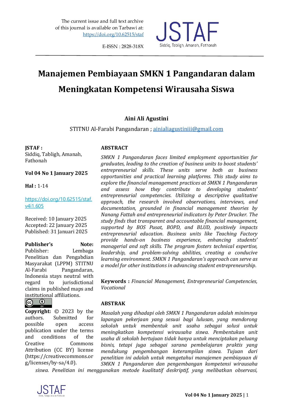 JURIS Manajemen Pembiayaan SMKN 1 Pangandaran dalam Meningkatan Kompetensi Wirausaha Siswa
