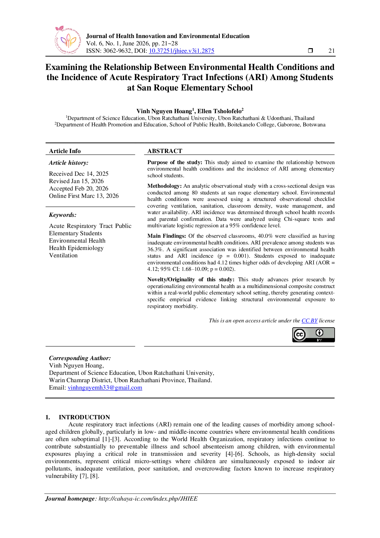 JURIS Examining the Relationship between Environmental Health Conditions and the Incidence of Acute Respiratory Tract Infections ARI Among Students at San Roque Elementary School