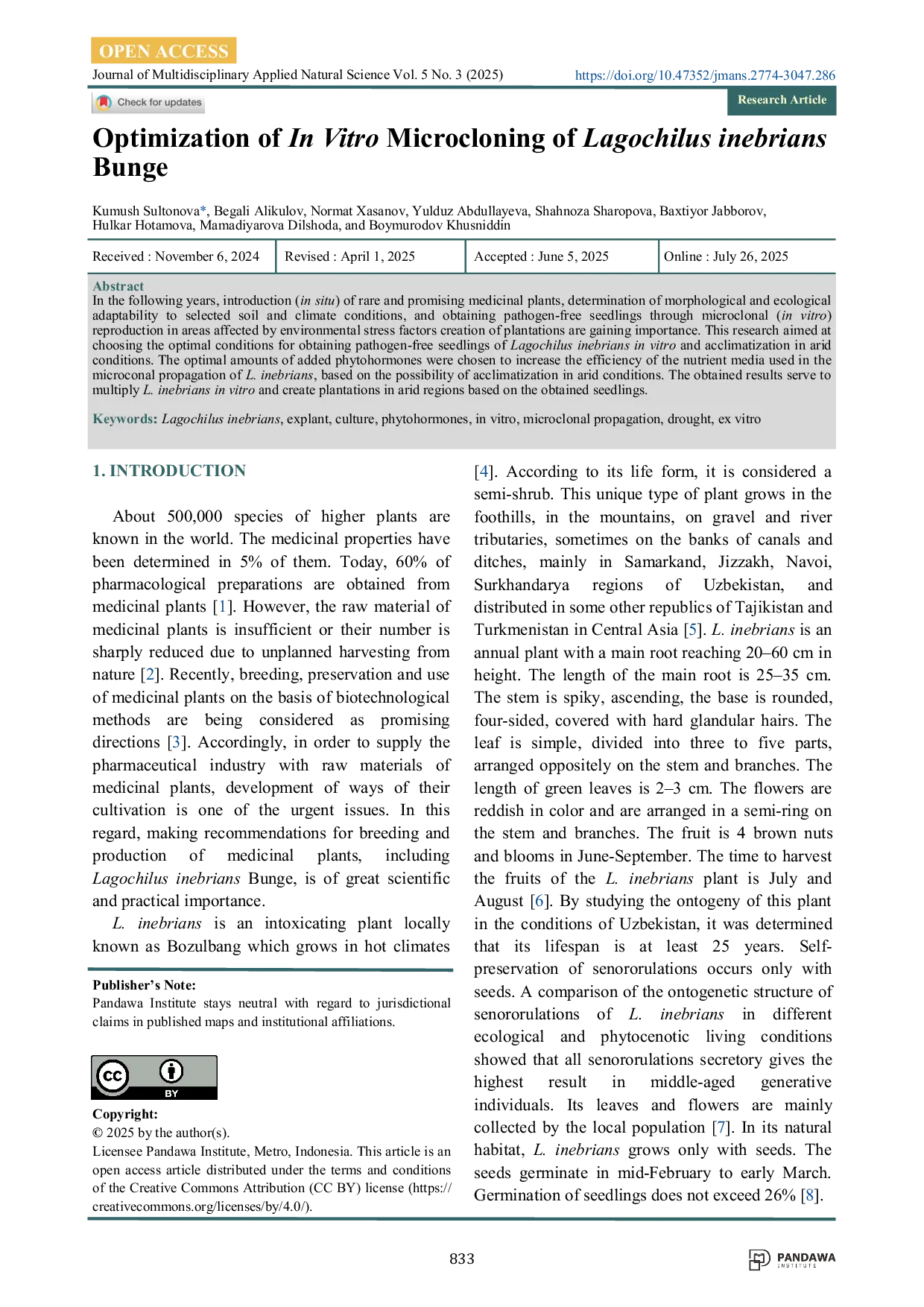 JURIS Optimization of In Vitro Microcloning of Lagochilus inebrians Bunge