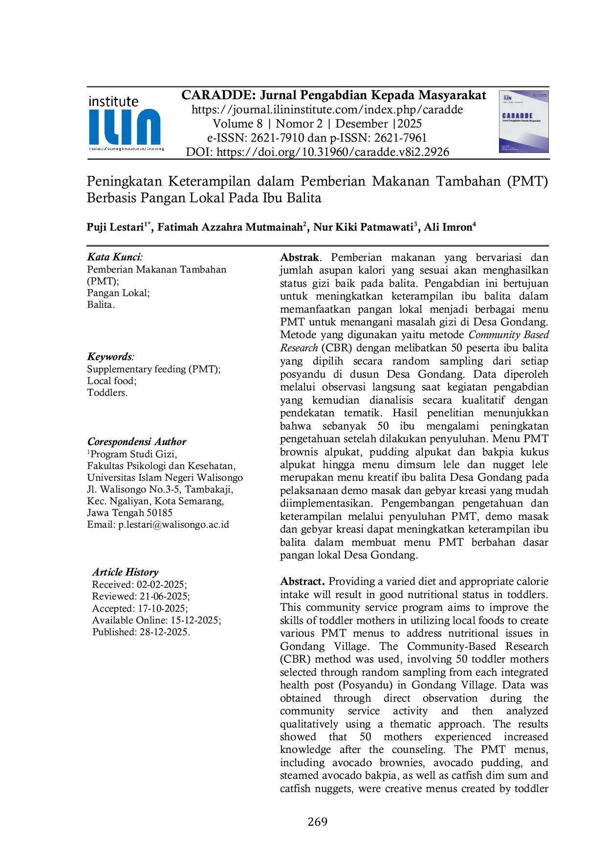 JURIS Peningkatan Keterampilan dalam Pemberian Makanan Tambahan PMT Berbasis Pangan Lokal Pada Ibu Balita